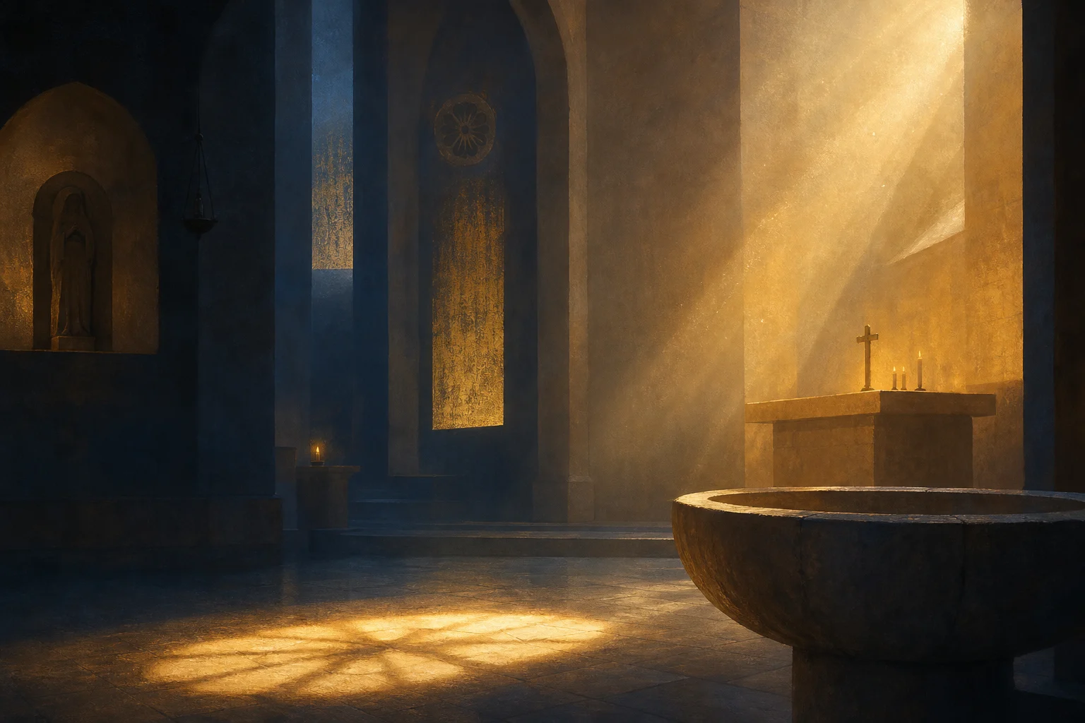 Warmer Lichtfall in einem stillen, abstrakten Kirchenraum.