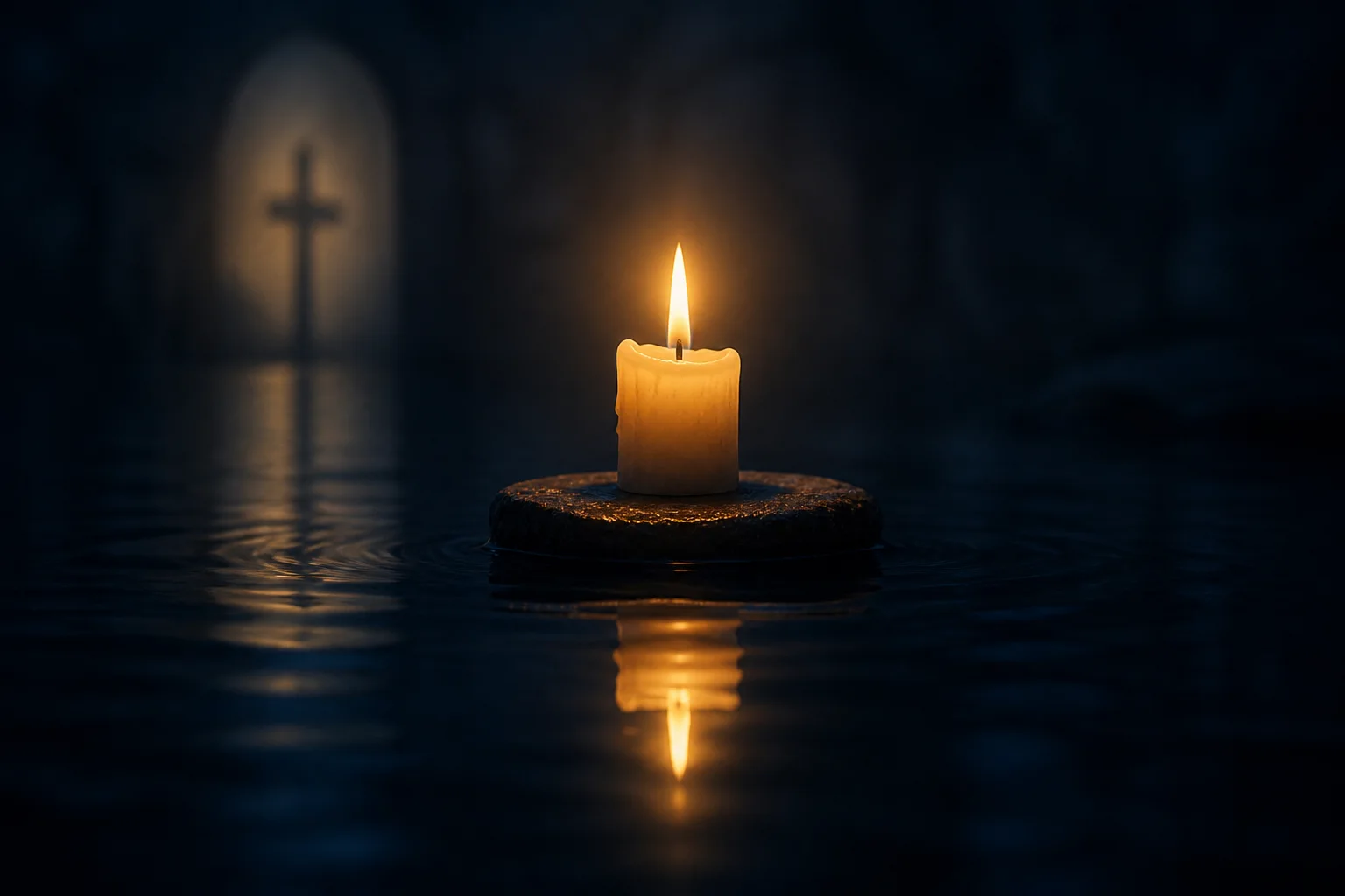 Eine Kerze spiegelt sich in dunklem Wasser.