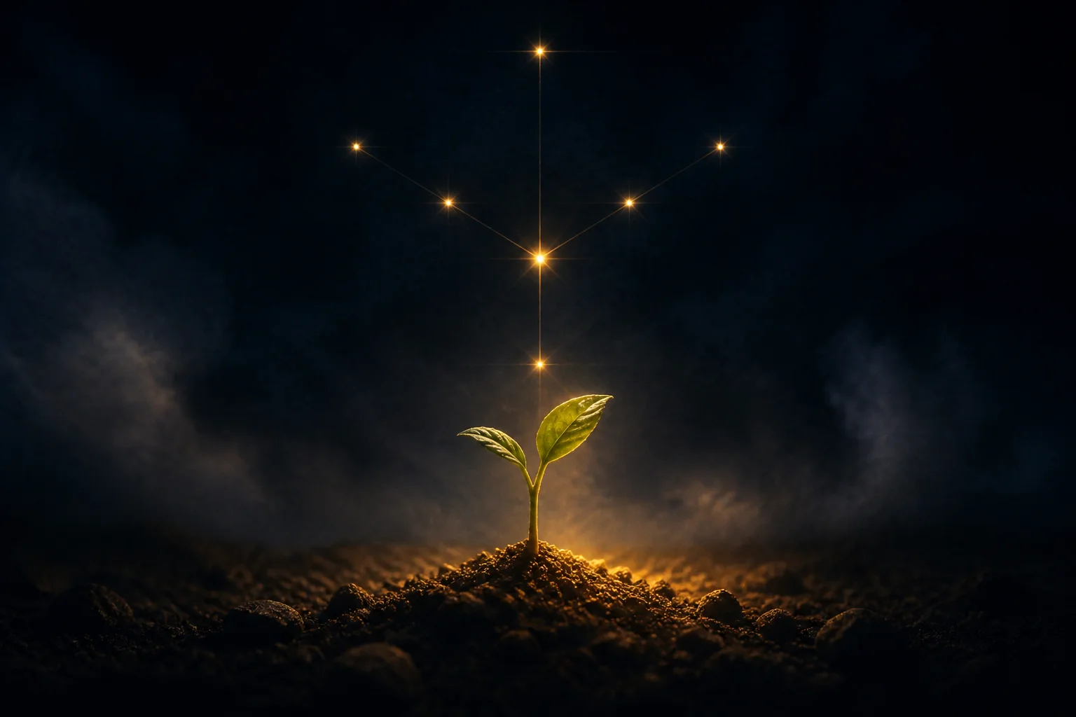 Ein kleiner Spross unter fein gesetzten goldenen Lichtpunkten.