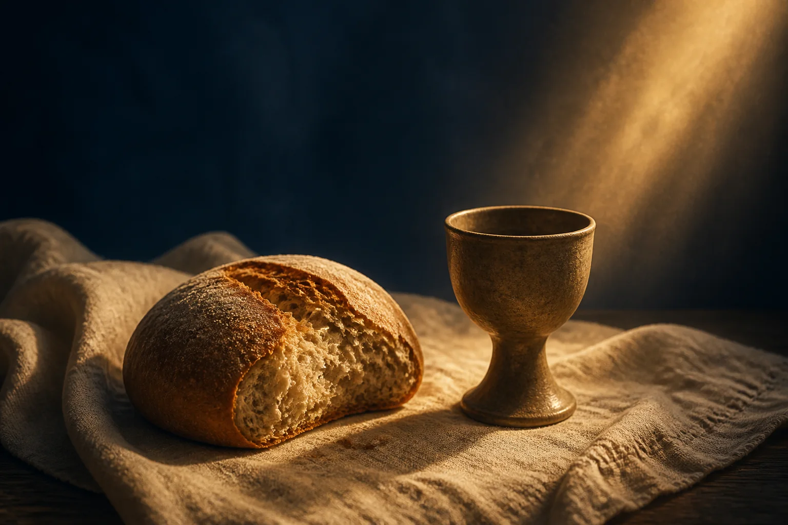 Brot und ein kleiner Kelch liegen in warmem Licht auf Leinen.