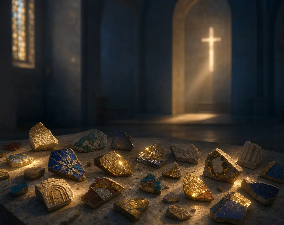 Mosaikfragmente liegen in einer stillen Kapelle im warmen Licht eines Kreuzes.