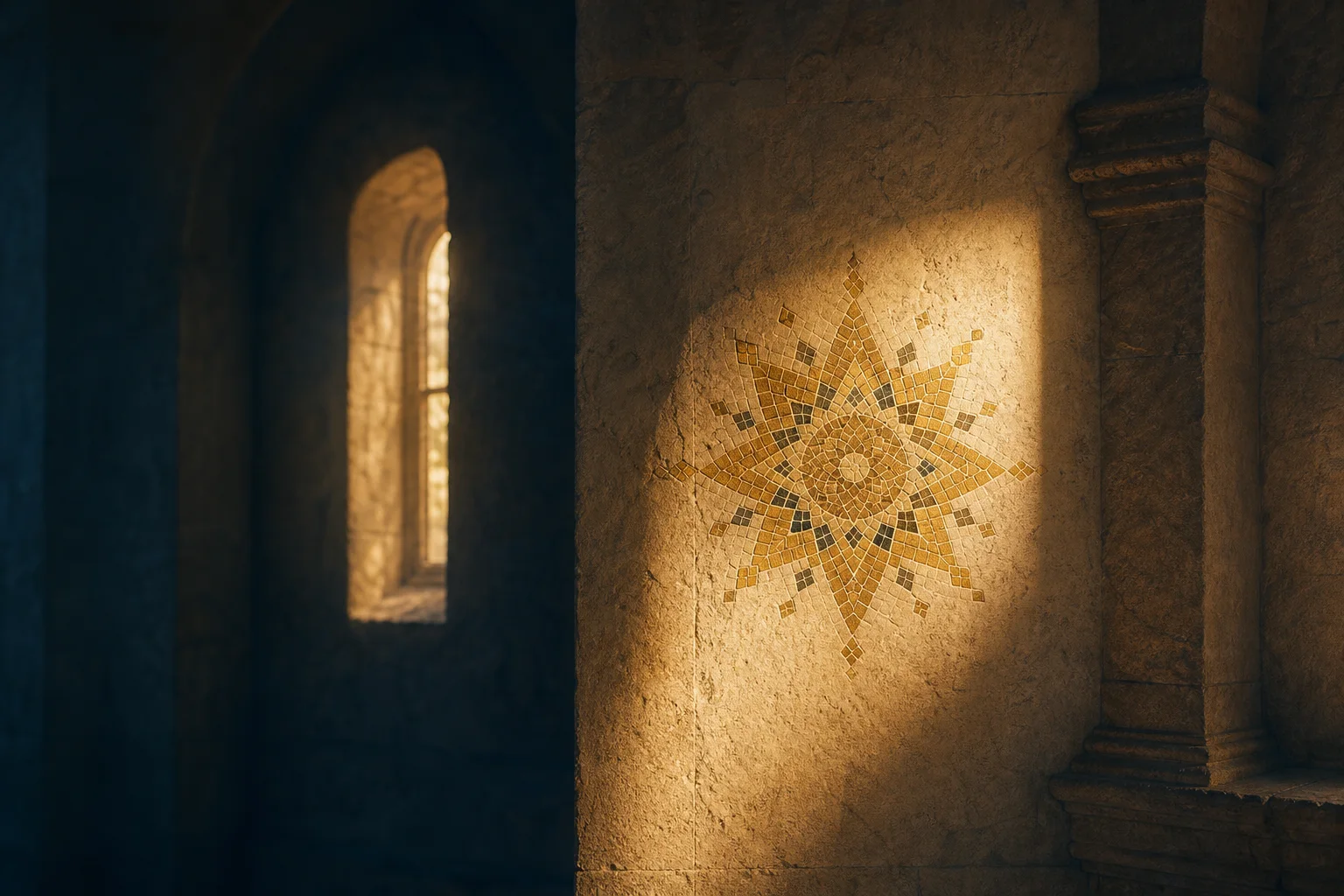 Goldenes Mosaiklicht fällt auf eine helle Kapellenwand.