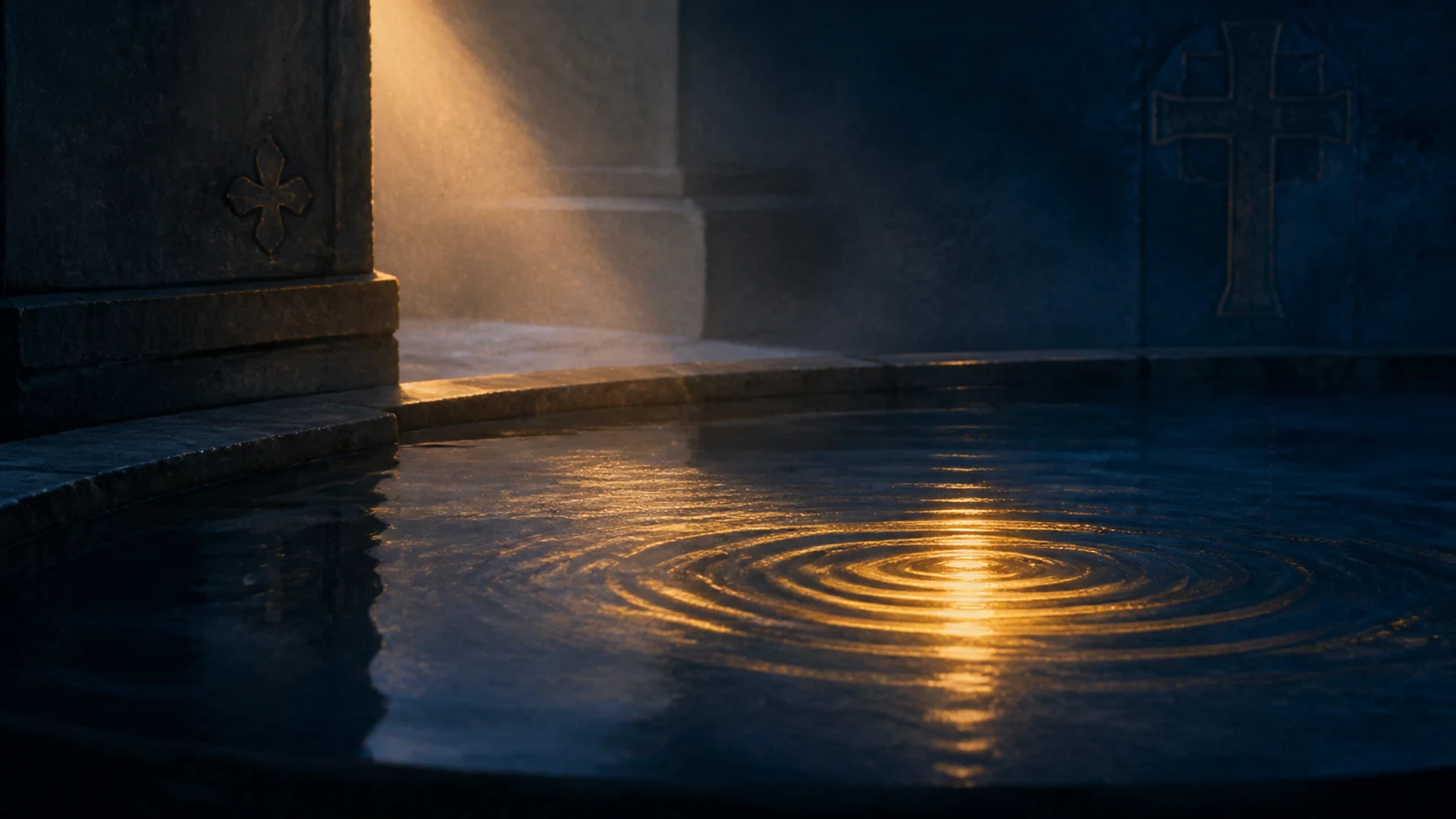 Ein goldener Lichtkreis breitet sich auf dunklem Wasser aus.
